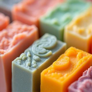Collection of colorful and varied handmade soap bars arranged together.