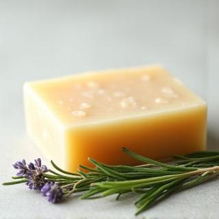 Handmade soap bar placed next to fresh herbs, illustrating its natural ingredients.