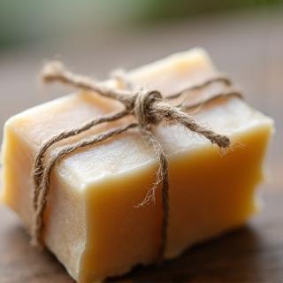 Handmade soap bar artfully wrapped in eco-friendly paper, ready for gifting.